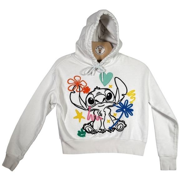 Disney Tops - Disney‎ Stitch Cropped Hoodie XS White Embroidered Y2K Kawaii Pullover